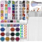 FANDAMEI Nail Art Brushes Kit, Nail Design Tools Set with Dotting Tools, Fine Nail Glitter Butterfly, Glitter Sequins, Foil Flakes, Nail Rhinestones, Dust Brush