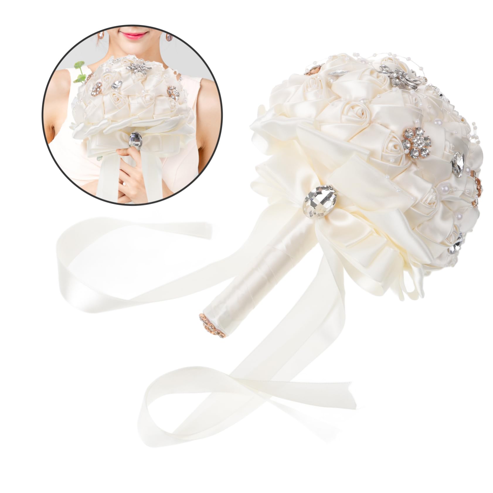 Abaodam Brautstrauß mit Schleife, 1 Stück, Dekorativ für Hochzeit | Ribbon mit Strass, Lebendig Wirkende Optik, für Braut und Familie, Geeignet für Wohnzimmer