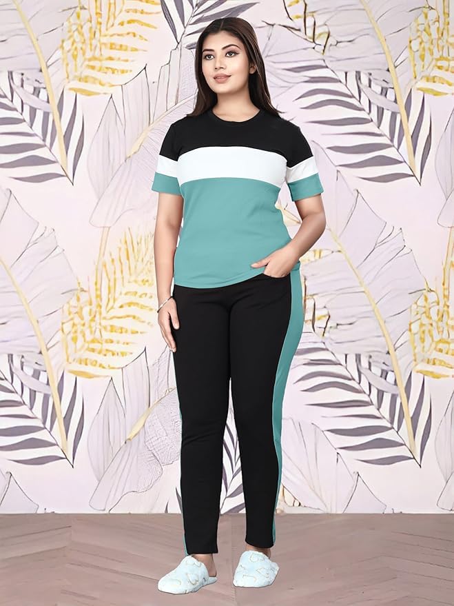 Image of Cotton Blend Tracksuits for Women Half Sleeves Round Neck Woman Workout T-shirt & Pant for Sports Comfortable and Breathable Gym Wear for Womens Tracksuit Set