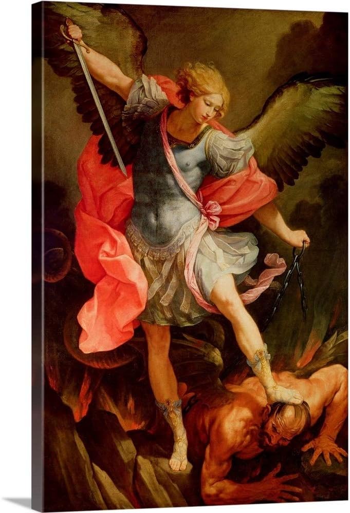 CANVAS ON DEMAND The Archangel Michael Defeating Satan Canvas Wall Art Print by Guido Reni, Baroque, Figurative, Home Decor, Winged, Figurative Artwork, 16" x24in