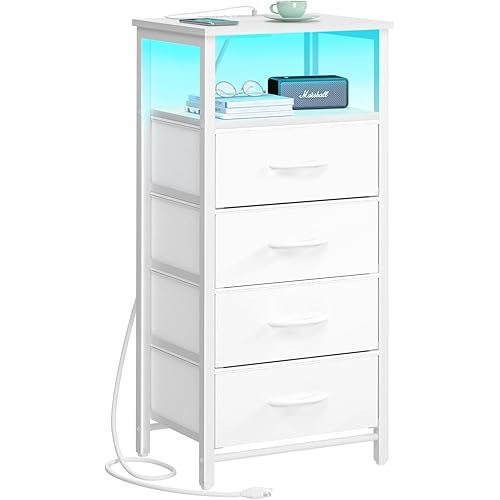 Yoobure White Nightstand - Small Dresser for Bedroom, LED Night Stand with Charger Station, Bedside Table with 4 Fabric Drawers and Open Shelf, Vertical Dressers with USB Ports and Outlets