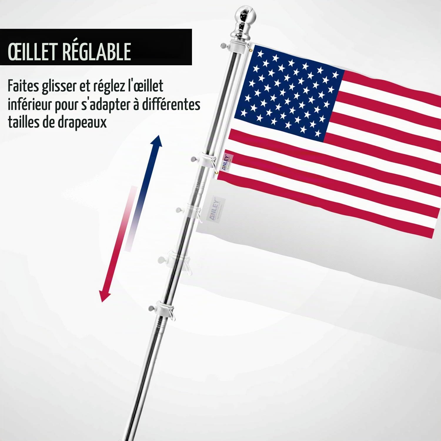 ANLEY Mât de drapeau mural en acier inoxydable de 1,8 m avec anneaux rotatifs sans enchevêtrement – Longueur réglable, robuste et antirouille pour maison, cour et commerce (2,5 cm de diamètre)
