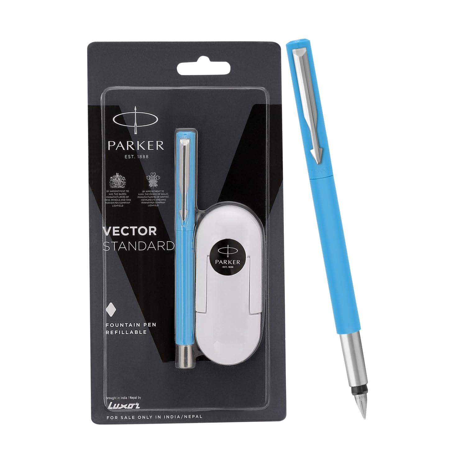 Parker Vector Standard Blue Fountain Pen Chrome Trim Fine Nib with 3 Free Ink Cart (Ink - Blue) Blue 1 Count (Pack of 1) Fountain Pen