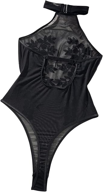 wodceeke Women's Floral Embroidery Bodysuit Lingerie Sexy Mesh Halter Teddy One Piece Jumpsuit for Going Out