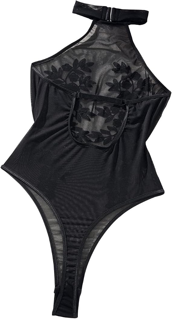 wodceeke Women's Floral Embroidery Bodysuit Lingerie Sexy Mesh Halter Teddy One Piece Jumpsuit for Going Out