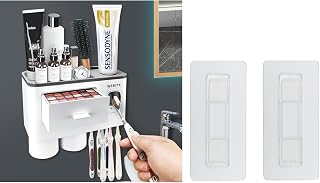 Multifunctional Wall-Mounted Toothbrush Holder, Automatic Toothpaste Dispenser Space Saving Toothbrush and Toothpaste Holder with 4 Wall Adhesives, with 2 Cups and Drawers Cosmetic Organizer