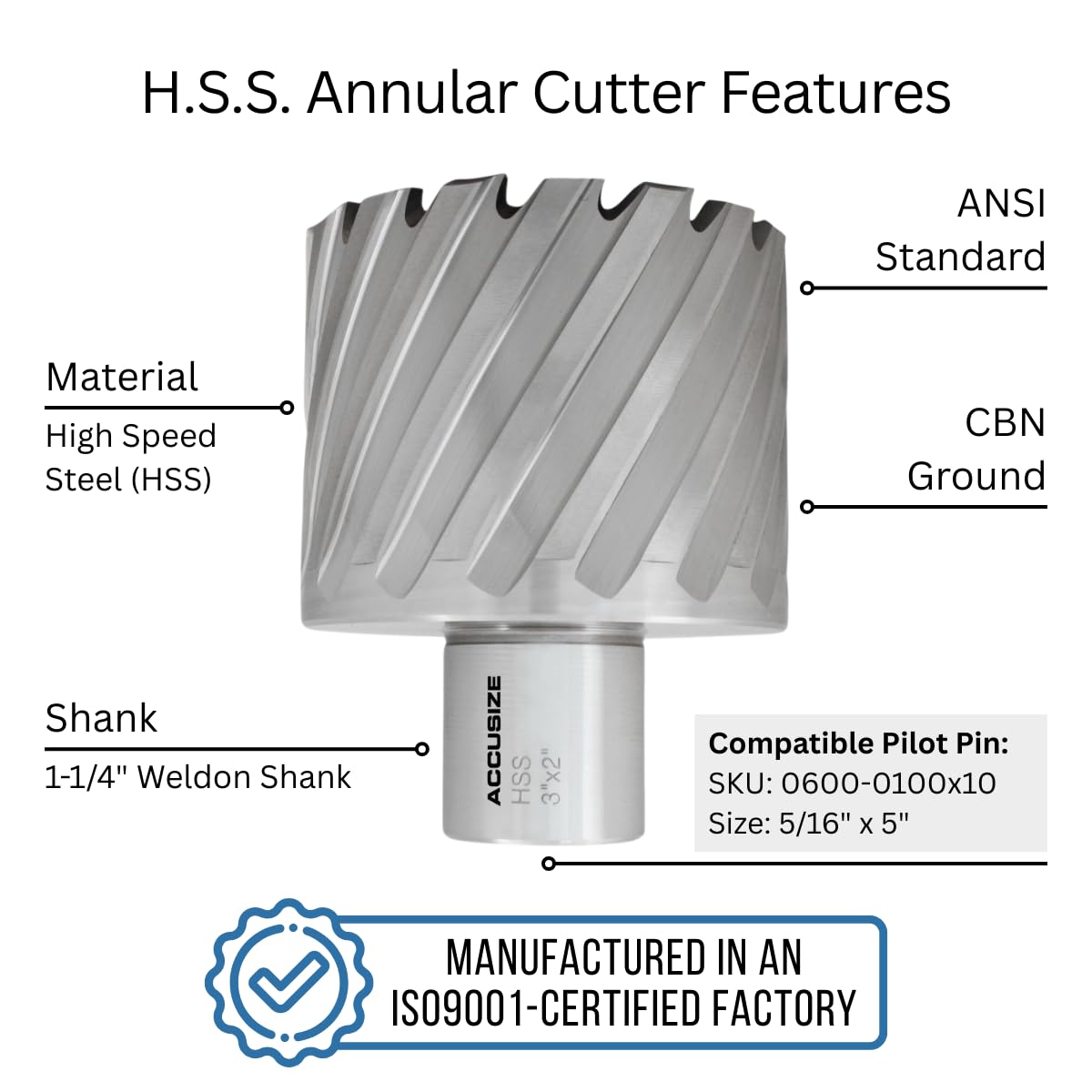 Accusize Industrial Tools 3'' Cutting Dia, 1-1/4'' Weldon Shank, 2'' Cutting Depth H.S.S. Annular Cutters, 2081-2053