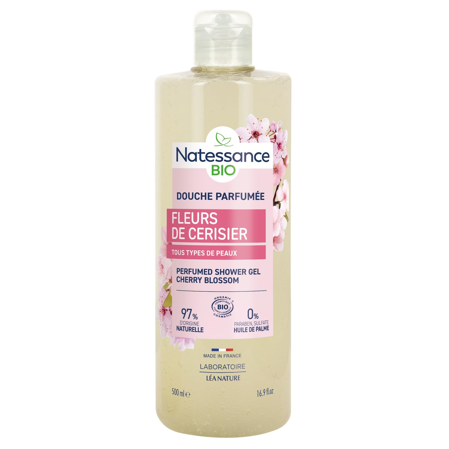 Gel douche hydratant bio pour un moment de douceur quotidien — NATESSANCE fleurs de cerisier format 500mL - Lot de 3