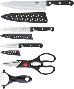 5 Pieces Kitchen knife Set, Knife Set Without Block with Sheathes, Stainless Steel Sharp Blade and Comfortable Handle, Chef Knife Set with Kitchen Scissors and Peeler for Cooking
