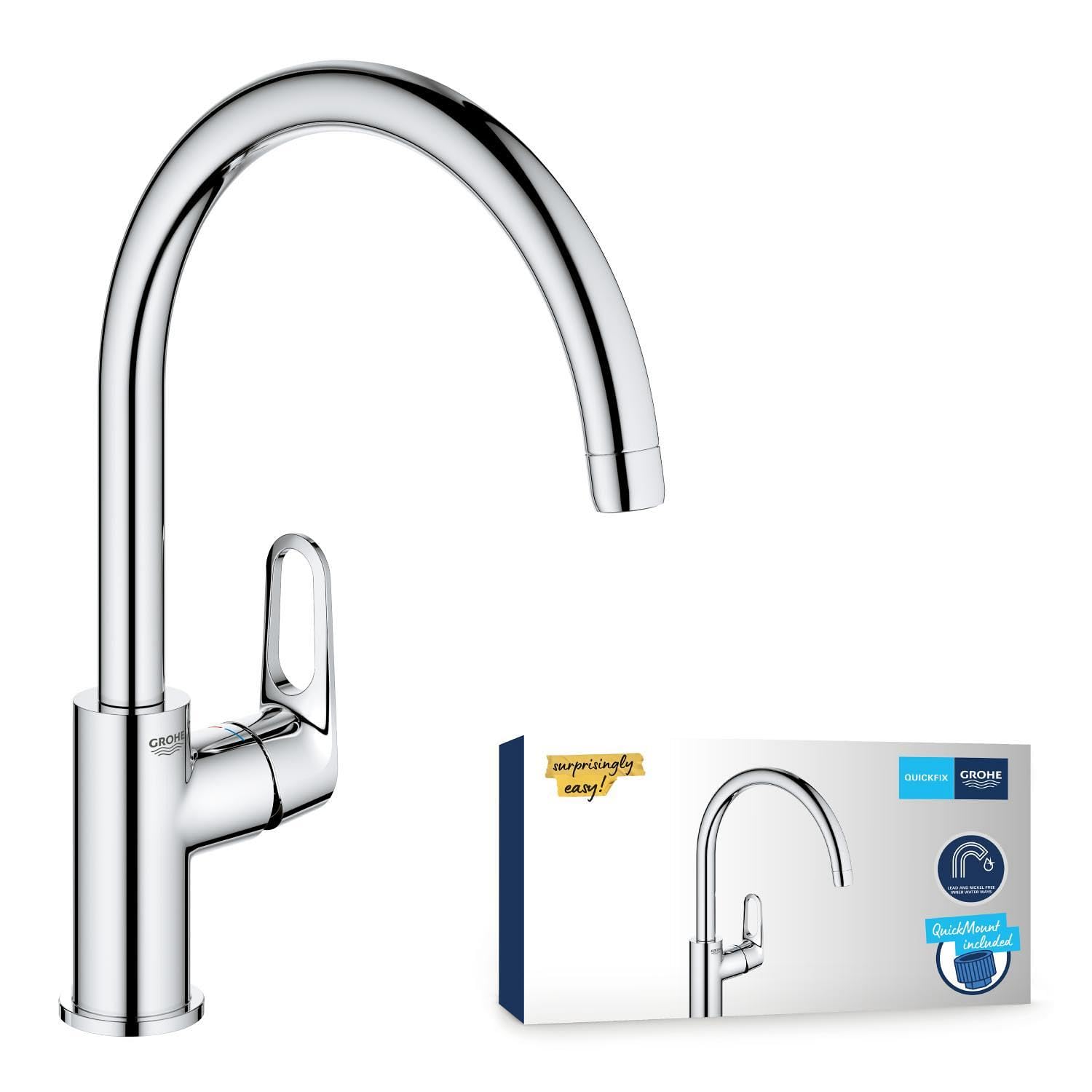 GROHE Start Flow, Küchenarmatur mit hohem Auslauf (Wasserhahn für die Küche, Spültischarmatur mit praktischem 360° Schwenkbereich, werkzeugfreie Spülbecken-Montage), chrom, 31555001