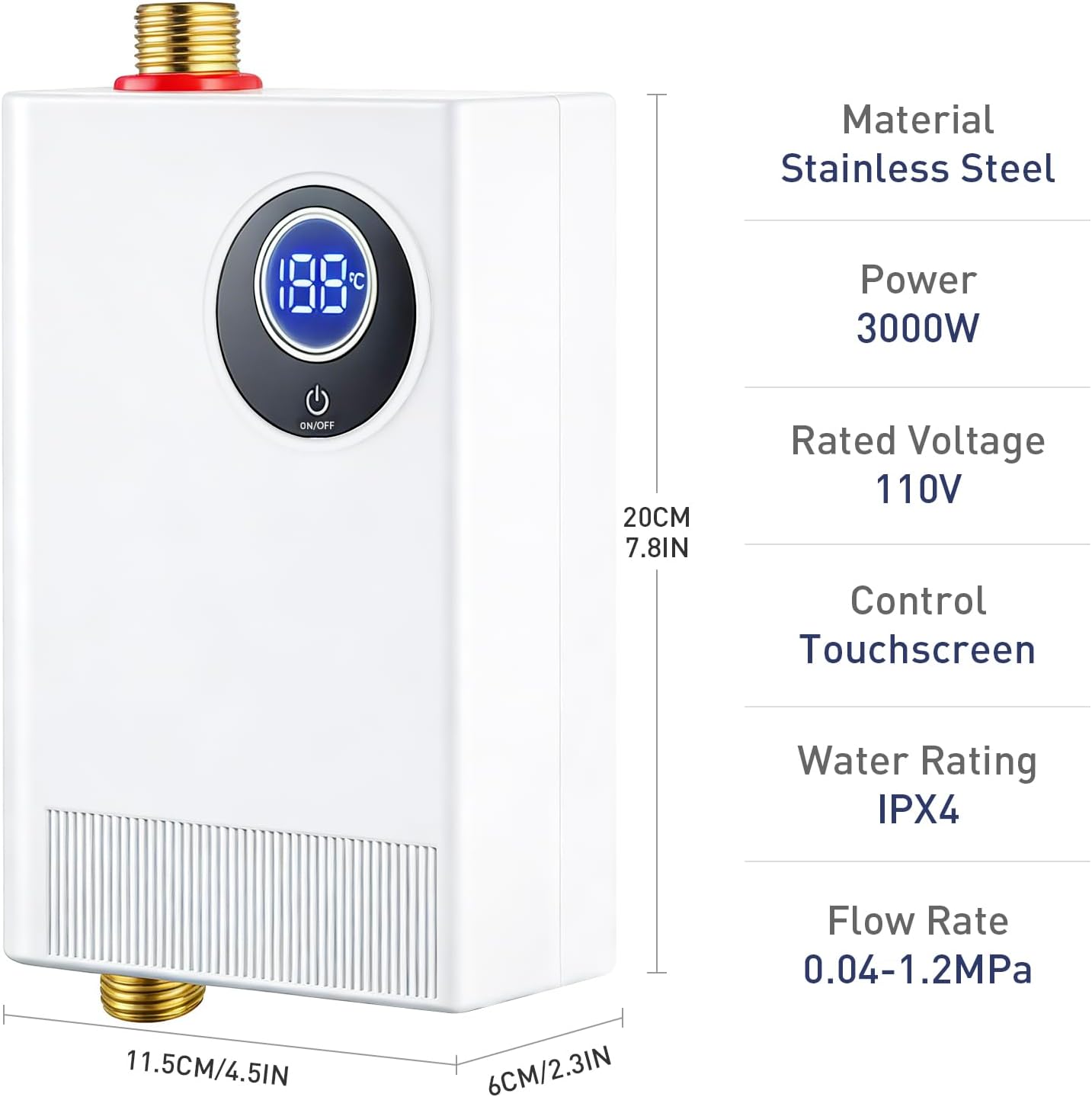 Tankless Water Heater Electric, 110V 3000W Under Sink Instant Hot Water Heater, 3-5 Seconds Fast Heating, with LED Display, IPX4 Waterproof, Perfect for Small Apartment/RV/Bathroom & Kitchen Sink