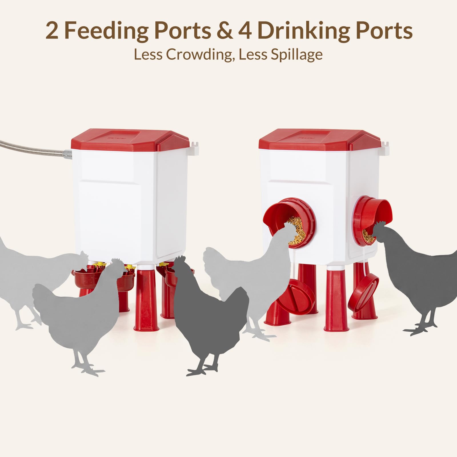 Todeco Comedero y Bebedero Automático para Gallinas, 8 kg + 7 L | 2 puertos de alimento antilluvia, 4 bebederos, válvula de flotador, con 16 patas, para colgar o montar en pared