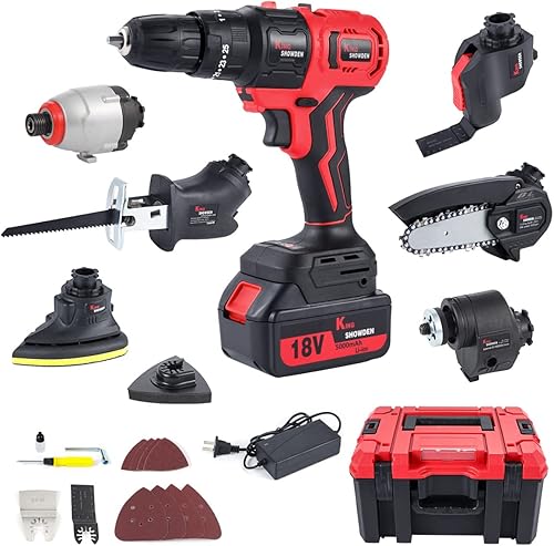 Miniatura 1 de 18V Cordless Drill Combo Kit DrillDriver Chain Saw Sabre Saw Sander Impact Angle Grinder Sanding Pad and Oscillating Multi-Tool Attachment 8 Tool
