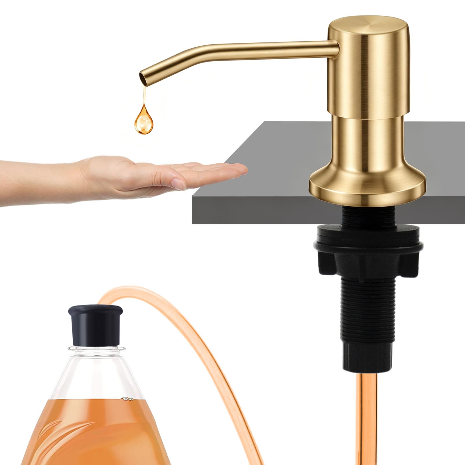 Sink Soap Dispenser, Kichen Sink Soap Dispenser, 47" Extension Tube kit, Under Sink Soap Dispenser Pump, No Need More Refills （Golden, 2 Pack）