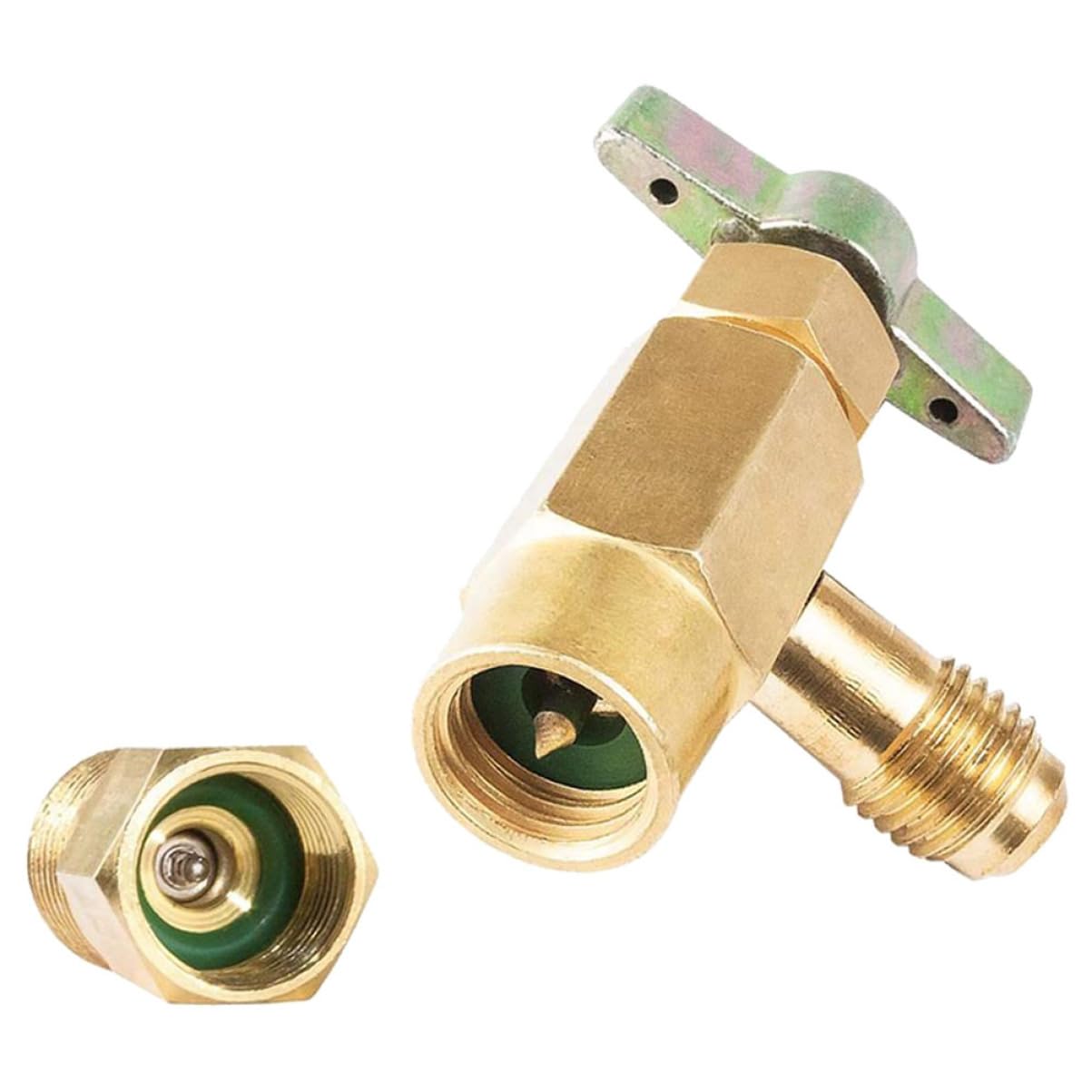 Adattatore con Valvola di Sicurezza e Protezione per Tubo Condizionatore R134a in Ottone Apertura Facile con Rondella per Bombole Auto Sigillate