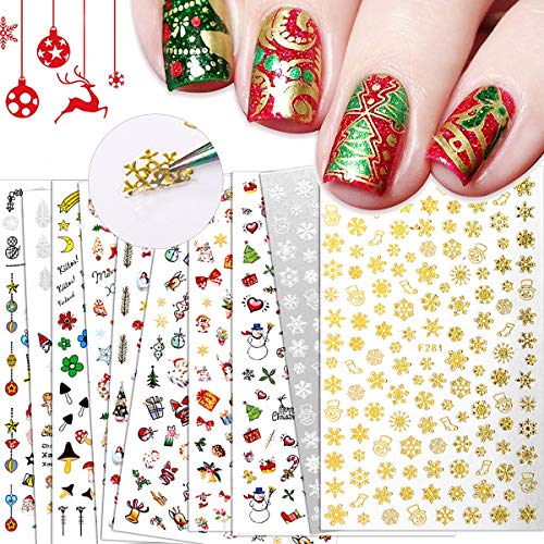 BiBiSi Christmas Nail Art Stickers Decals Nail Art Supplies 10Pcs Christmas Theme Nail Foil Self-Adhesive 3D Nail Art Accessories Nail Art Designs for Acrylic Nails DIY Holiday Fashion Decorations