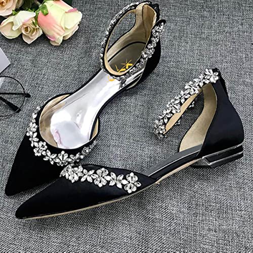 Image of XYD Women Classic Pointed Toe D'Orsay Wedding Flat Sandals Sparkly Rhinestones Ankle Strap Low Heel Dress Shoes with Zipper