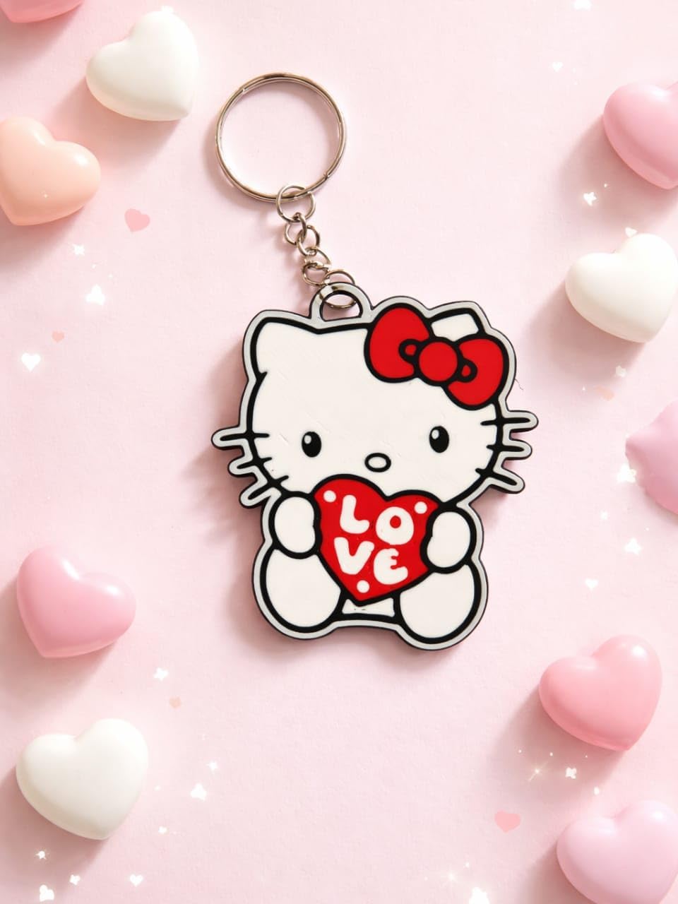 Hello Kitty Keychain with Red Love Heart, Cute Character Keyring with Metal Chain, White and Red