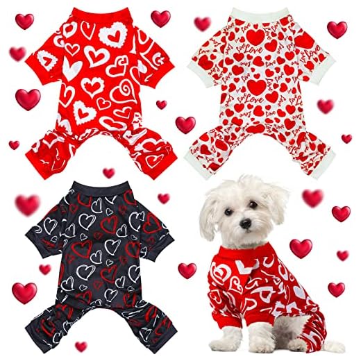 3 Pieces Valentines Day Pajamas Dog Bodysuit Dog Jumpsuits Dog Birthday Costume Heart Pattern Dog Clothes Dog Cartoon Apparel for Pet Puppy Dog Cat(S(fit 3.3-5.5lbs))