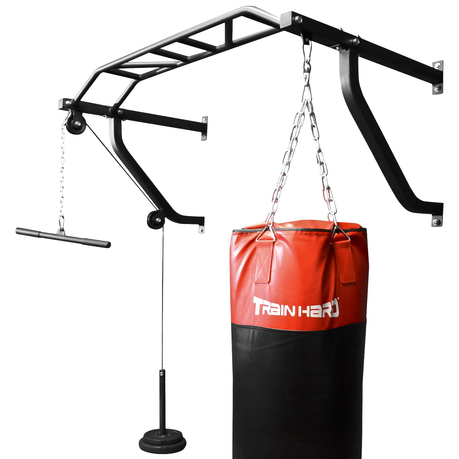 TrainHard® Multigriff Klimmzugstange Wandmontage mit Latzug & Boxsackhalterung, geprüfte und zertifizierte Qualität/optional: 80cm bis 130cm Boxsack (Ohne Hantelscheiben!)