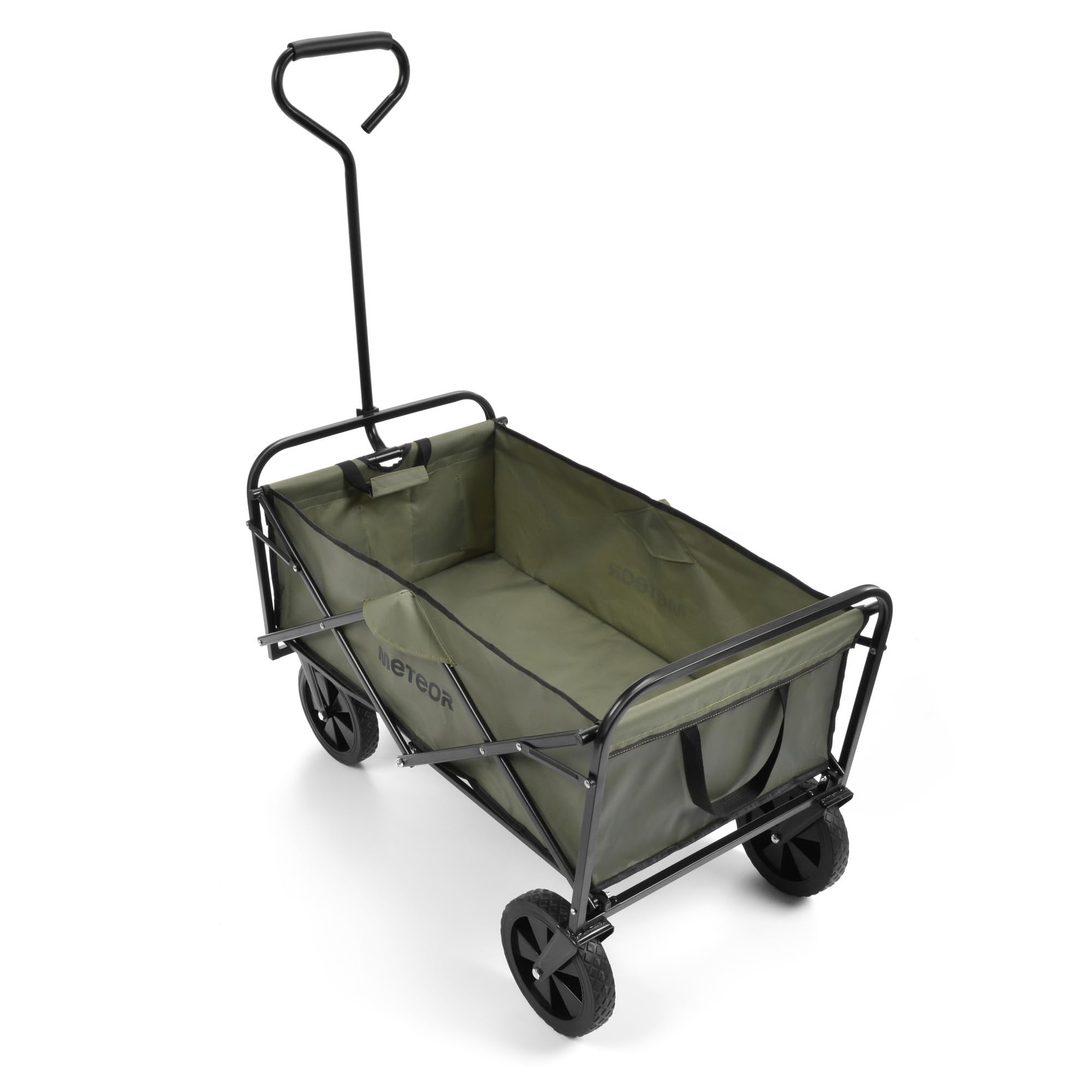 meteor Bollerwagen faltbar X-200 90L Transportwagen und Handwagen mit 80 kg Tragkraft klappbarer Gartenwagen mit Stahlrahmen PU-Rädern Seitentaschen für Camping Strand Einkauf dunkelgrün