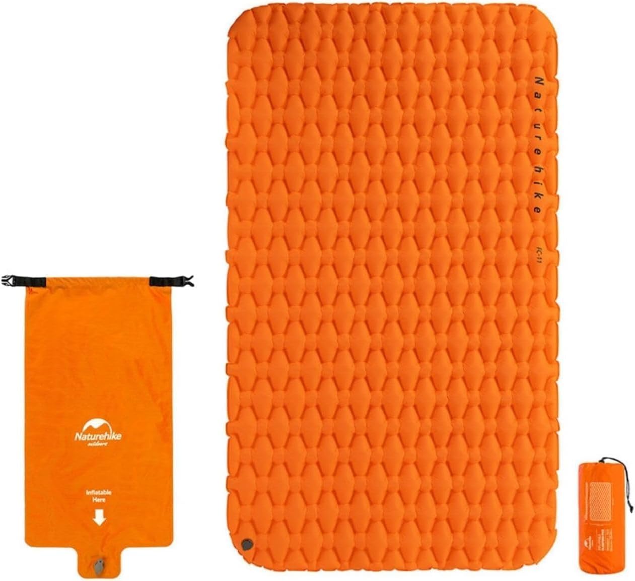 windhike Naturehike Double Sleeping Pad with Inflating Dry Bag - Ultralight 2.55" Thick Inflatable Sleeping Mat for 2 Person, Waterproof Portable for Backpacking, Hiking, Traveling, Tent (Orange)