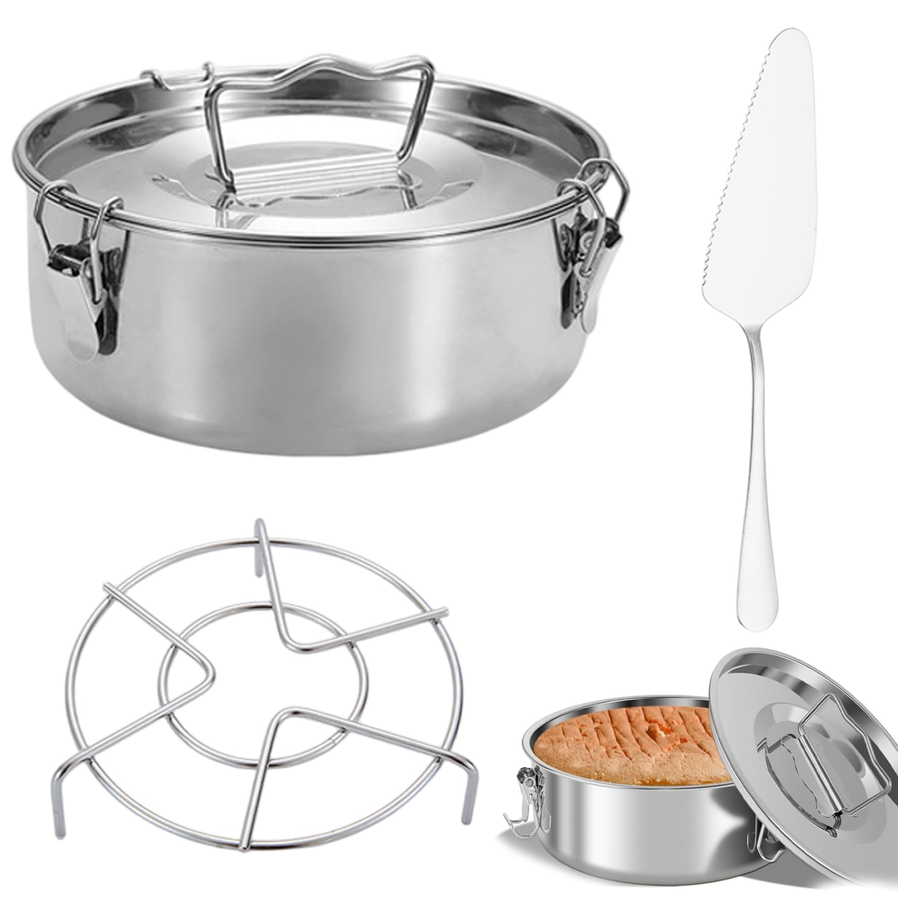Ameble Silver 1 Set Flan Mold With Lid, Stainless Steel Flan Pan With Steam Rack And Cake Spatula, Round Cake Baking Pans For Making Cheesecake Pudding