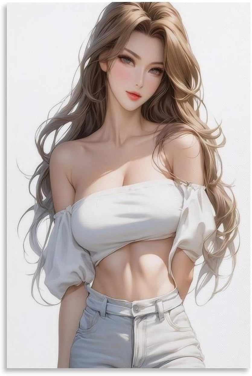 Modern Sexy Bustier Jeans Long Hair Girl Canvas Painting for Bedroom Living Room Decor 08x12inch(20x30cm) Unframe-style