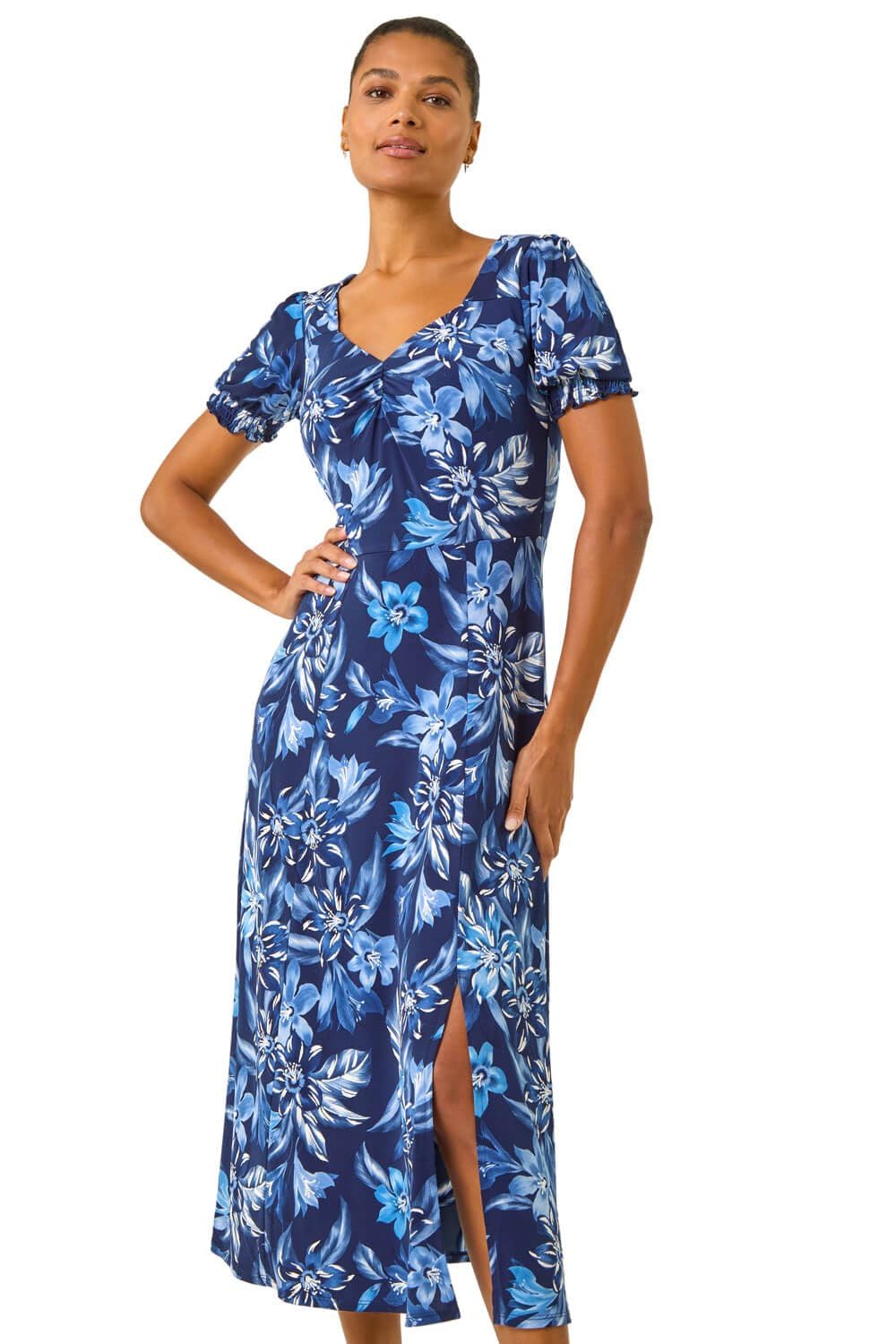 Roman Floral Print Dress for Women UK Ladies Sweetheart Neck Ruched Midi Maxi Long Length Short Sleeve Flattering Casual Summer Spring Party Evening Going Out - Blue Floral - Size 20
