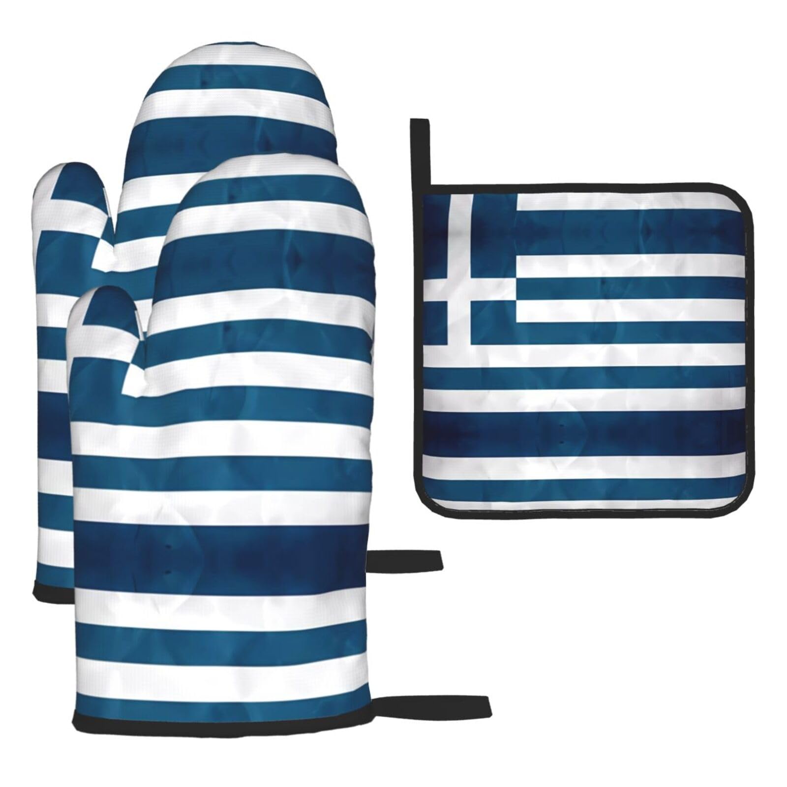 Greek Flag Oven Mitts Pot Holders Sets, Kitchen Glove High Heat Resistant Potholder, Surface Safe for Baking, Cooking, BBQ (3PC)