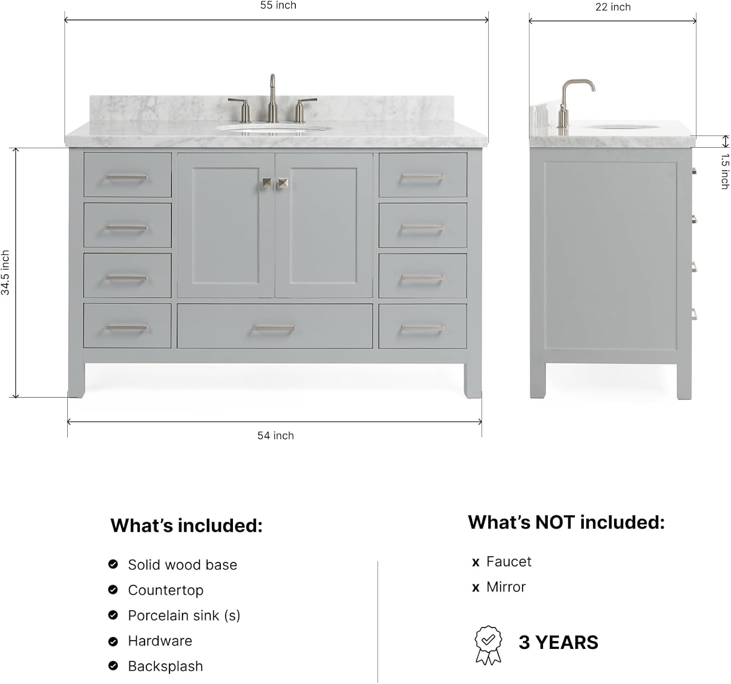 DKB Beckford 55-Inch Grey Bathroom Vanity with Sink, 1.5" Edge Italian Carrara Marble Countertop & Backsplash, Center Oval Sink, 2 Soft Closing Doors, 9 Dovetail Drawers, Brushed Nickel Hardware