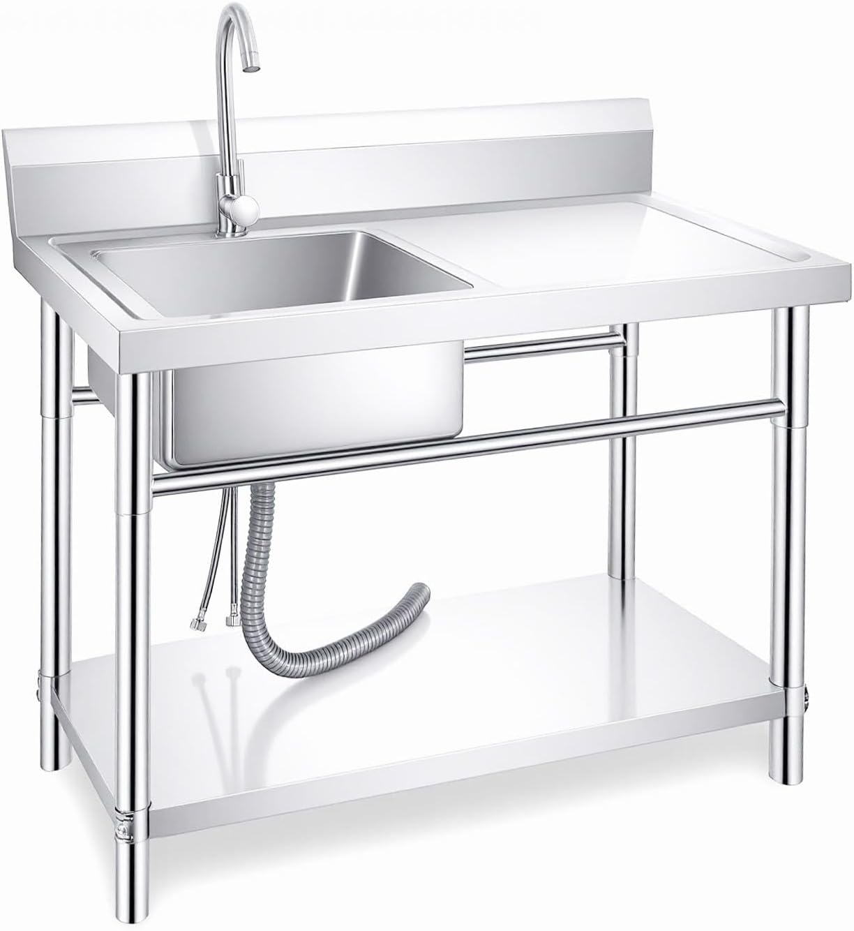 Laundry Sink, Stainless Steel Utility Sink with Storage Shelf, 31.5” Free Standing Commercial Sink with Hot and Cold Faucet, Large Single Bowl for Laundry Room, Easy Installation & Drainage