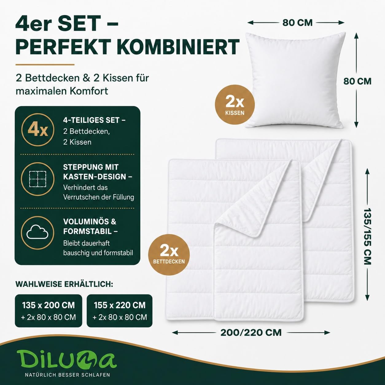 DILUMA Bettdeckenset 135x200 cm Smart 4-teilig - 2X Bettdecke 135x200 cm + 2X Kopfkissen 80x80 cm - Bettdecke und Kissen Set - Ganzjahres Steppdecke Mikrofaser - Ganzjahresdecke mit Kissen