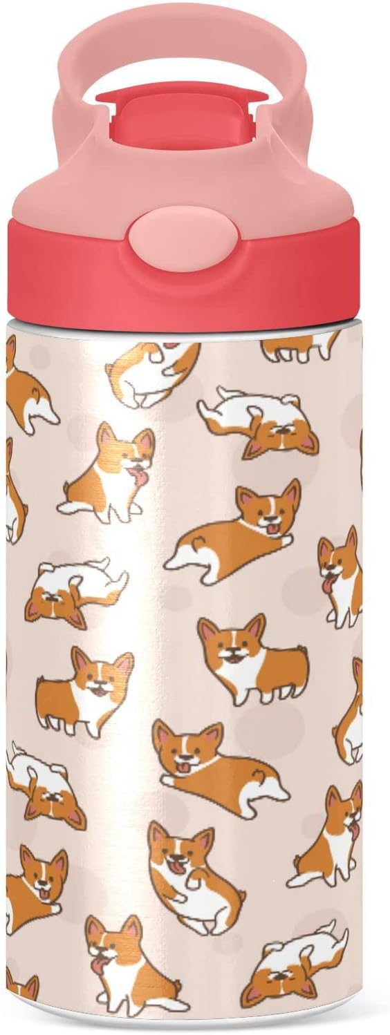 Blueangle Cartoon Corgis Pattern Kids Water Bottle with Straw Lid, 12oz Stainless Steel Insulated Water Reusable Leak Proof Water Bottle for School