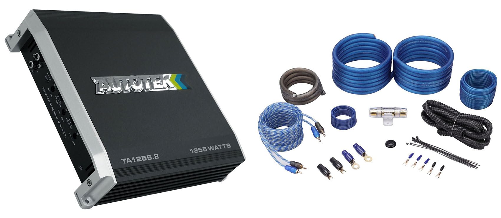 Audiosavings Bundle: (1) Autotek TA-1255.2 1200 Watt 2 Channel Stereo Car Audio Amplifier Bundle with (1) Rockville RWK41 4 Gauge Complete Car Amp Wiring Installation Wire Kit with RCA's (2 Items)