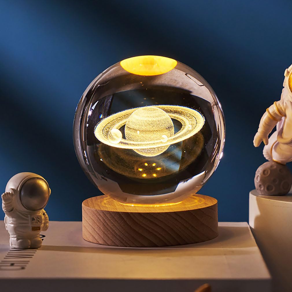 Ludosphere 3D Planet Night Light with Wooden Base, Ludo Sphere Solar System Crystal Ball Lamp for Home Décor