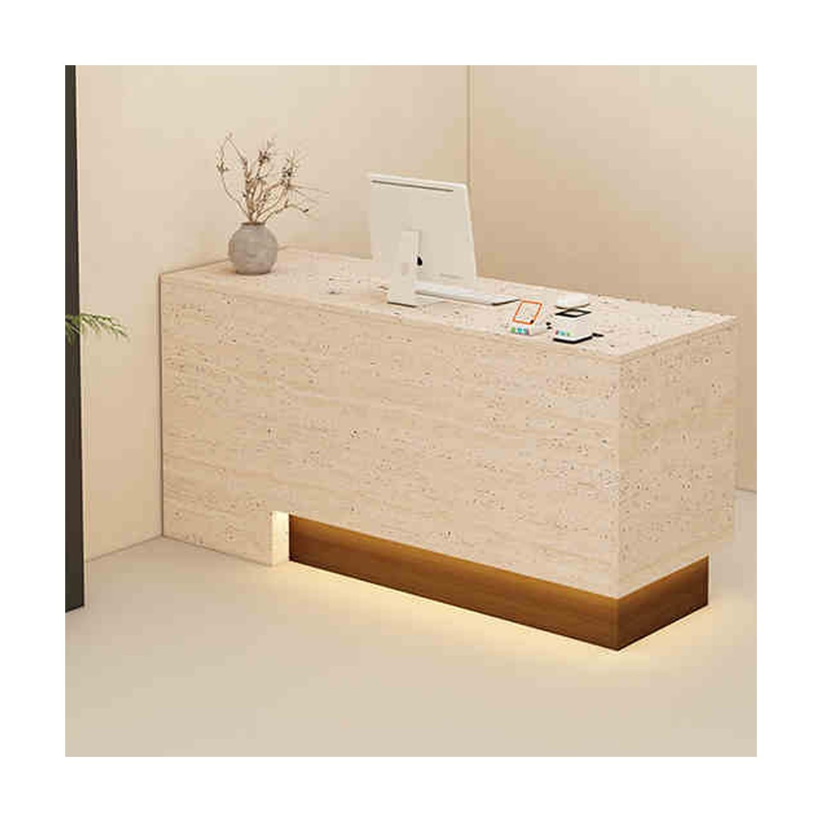 Bureau de réception moderne avec tiroir verrouillable – Table de comptoir élégante pour bureaux, salons de beauté et magasins de vente au détail – Finition travertin élégante en noyer