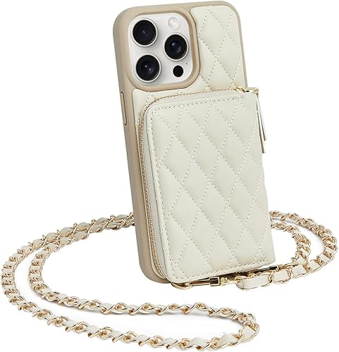 LAMEEKU Funda tipo cartera cruzada para iPhone 15 Pro, funda con soporte para tarjetas, funda acolchada de cuero con cremallera y ranuras para