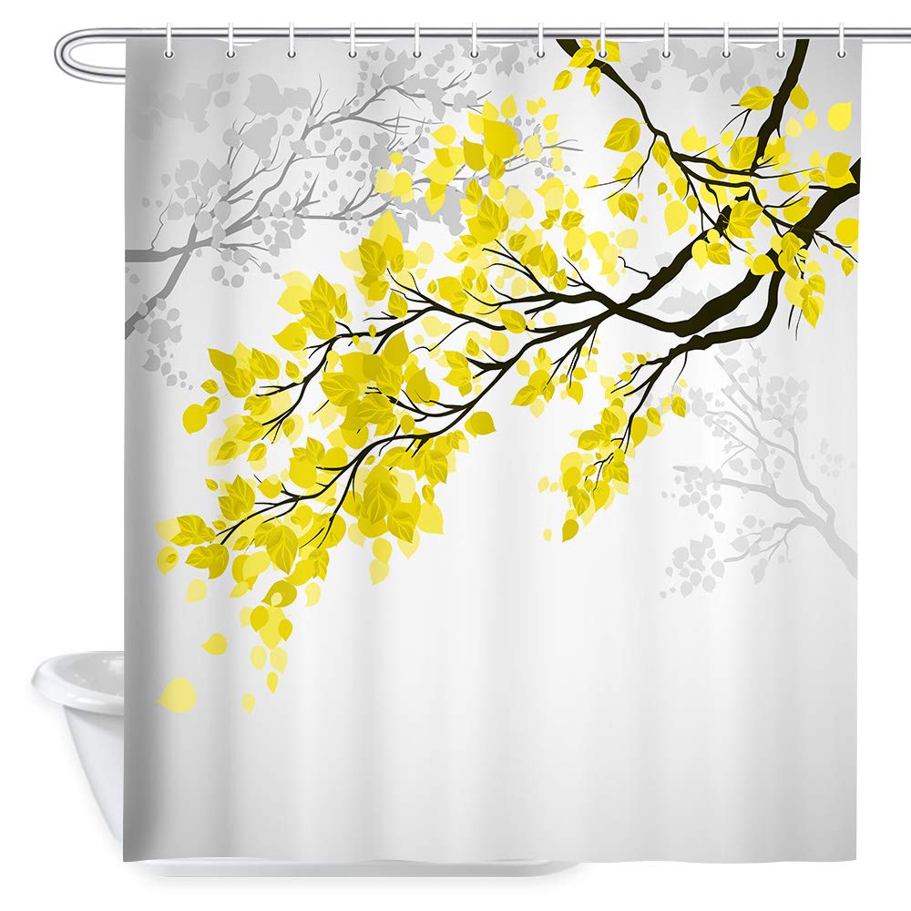 KOTOMLeaf Shower Curtain, Yellow and Grey Leaves Tree Branch Art Printing, Polyester Fabric Bath Curtain for Bathroom, 69X70 inches, Bath Accessories 12 Hooks Included