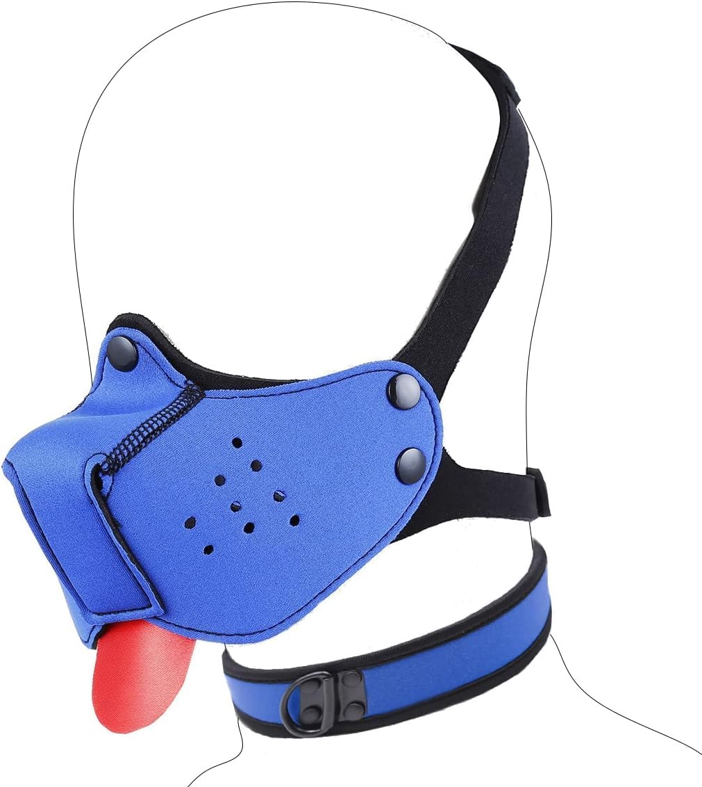 Neoprene Puppy Face Muzzle Dog Hood Mask Play Hoods Novelty Dog Head Mask with Collar (Blue, One Size)