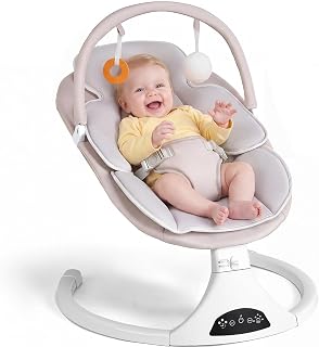 Electric Baby Swing with Remote Control,5 Speeds&Portable&Cozy(0-6M,Beige) | Safety lock&secure harness,12 melodies&Bluetooth