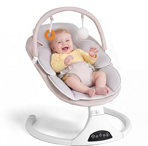 Electric Baby Swing with Remote Control,5 Speeds&Portable&Cozy(0-6M,Beige) | Safety lock&secure