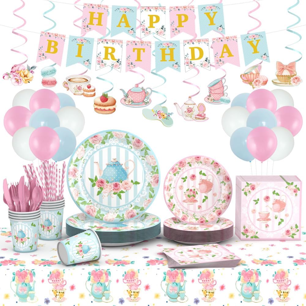 198 Pcs Tea Time Party Decorations, Floral Tea Ceremony Birthday Supplies Tableware Set Serves 24, with Plates Napkins Cups Fork Knives Spoon Tablecloth Balloons Banner, Themed Disposable Dinnerware