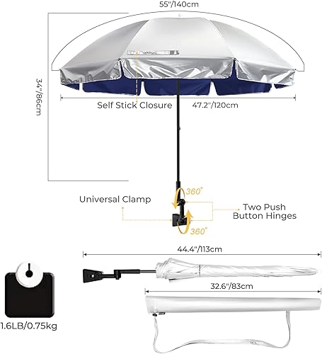 Miniatura 2 de Prospo Sombrilla para silla de playa con abrazadera ajustable universal, protección UV, sombrilla para exteriores, cochecitos, sillas de ruedas,