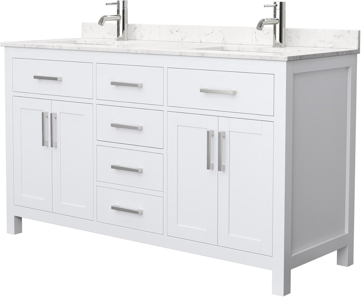 Beckett 60 Inch Double Bathroom Vanity in White, Carrara Cultured Marble Countertop, Undermount Square Sinks, No Mirror