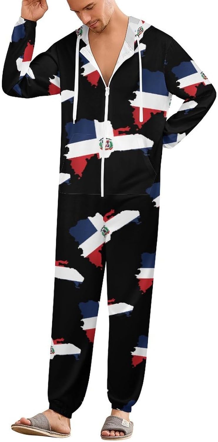 Dominican Republic Map Flag Adult Pajamas Onesie with Hood Pocket Jumpsuits One Piece Sleepwear