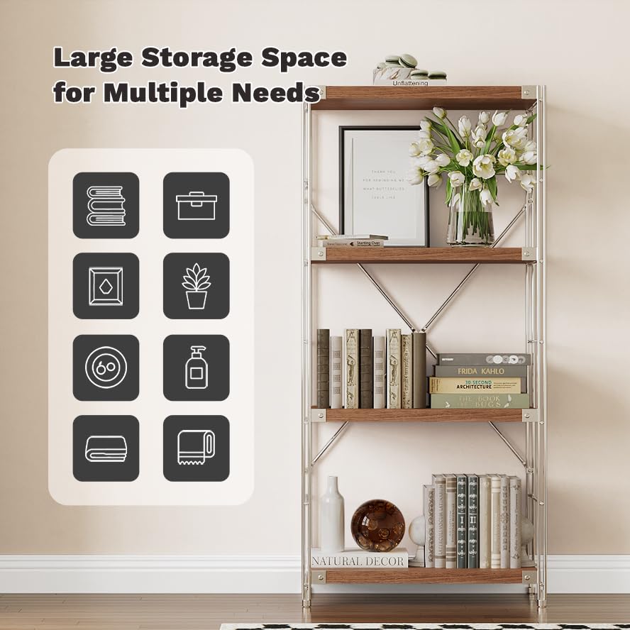 Image of 4-Tier Industrial Bookshelf, Wood and Metal Shelf Unit, Storage Bookcase