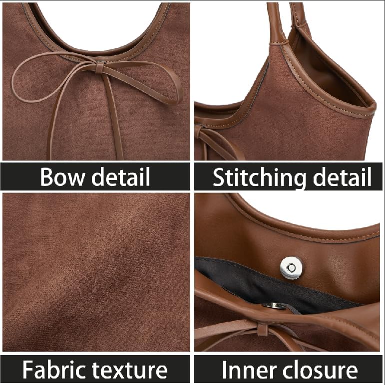 Vintage Suede Bow Tote Bag Large Capacity Underarm Shoulder Handbag for Women Girls - Image 6