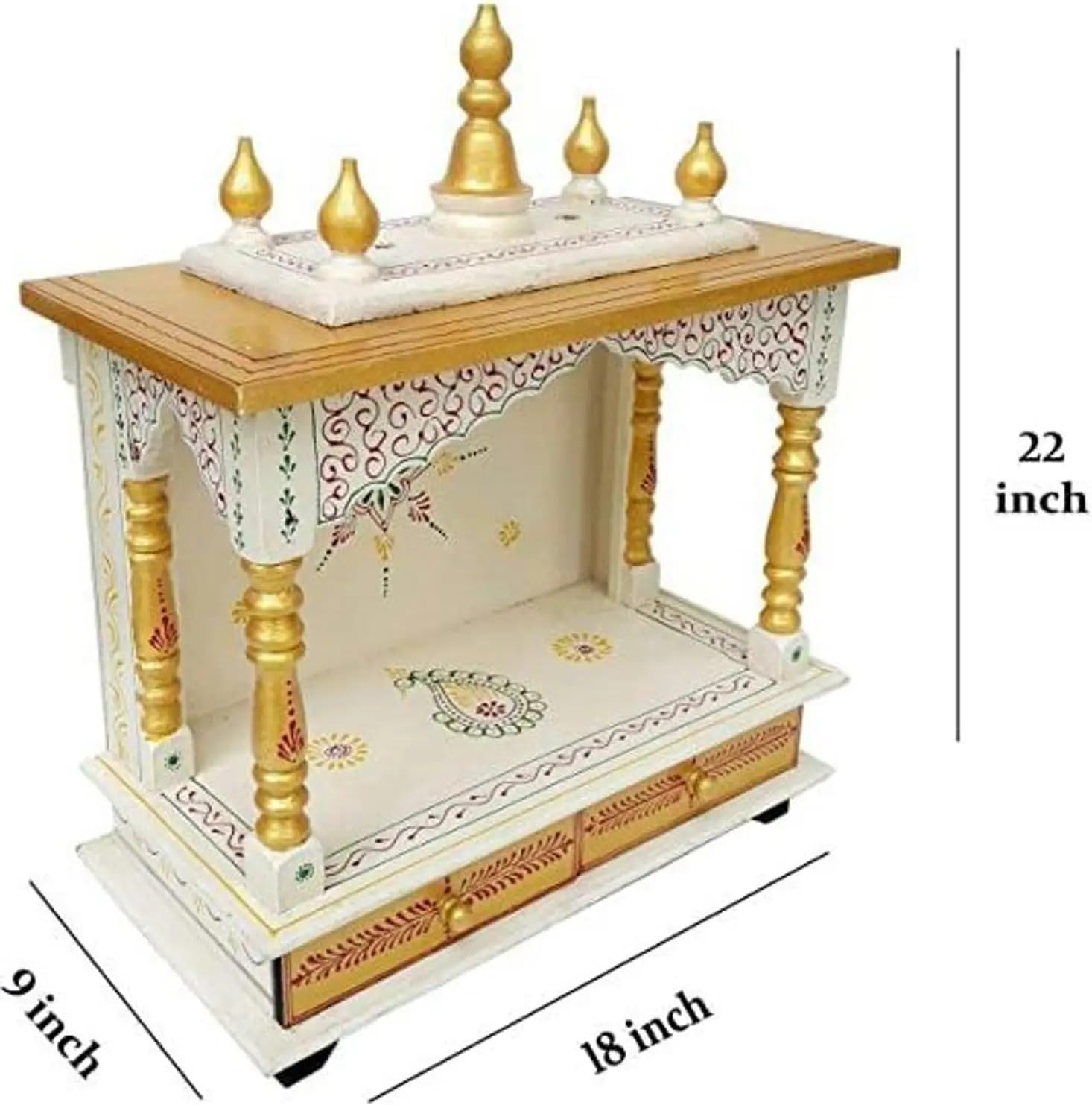 Indian Artisan Crafts Wooden Hindu Pooja Mandir, Hand-Painted White and Gold, Traditional Style, Mango Wood, with Storage Drawers