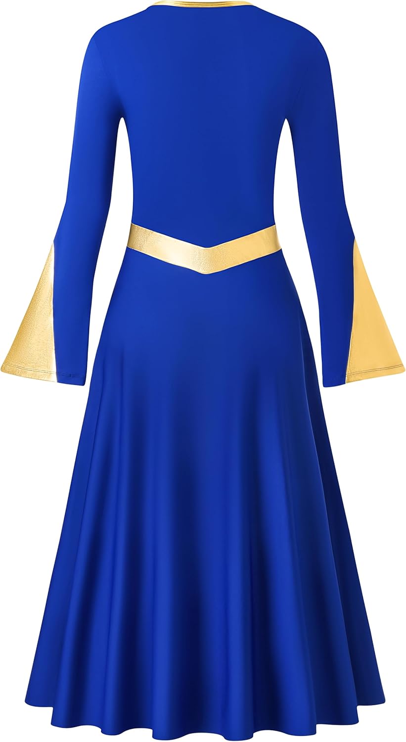 MOLLDAN Women Praise Dance Dress with Lining Metallic Fit Full Length Liturgical Long Sleeve Worship Dress - Image 4